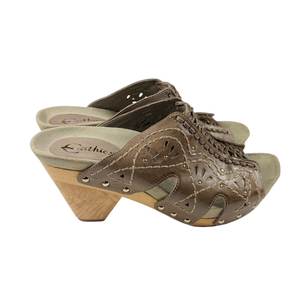 Earthies Riviera Khaki Calf Leather Wood Heel Clog Mules Womens 10‎ 800068WCLF